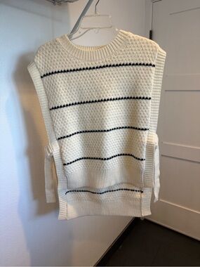 Cream Sleeveless Knit Sweater Vest with Black Stripes
